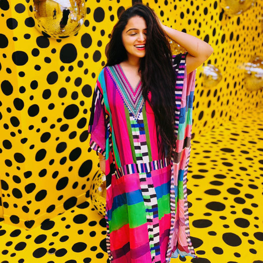 Purple and Green Geometric Mid Length Kaftan