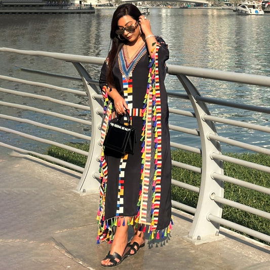 Black Geometric Mid Length Kaftan with Lace