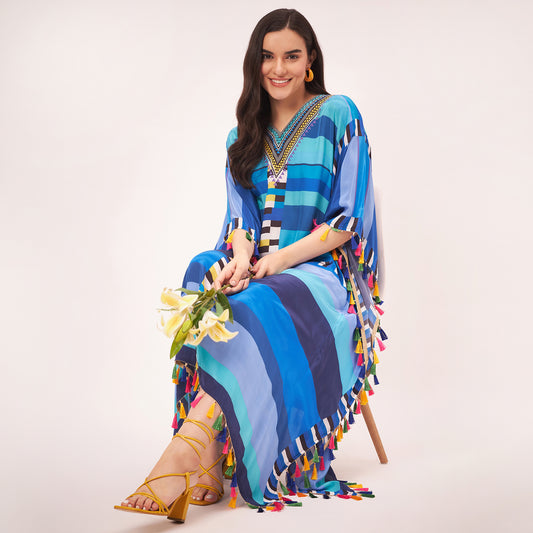 Blue Geometric Mid Length Kaftan with Lace