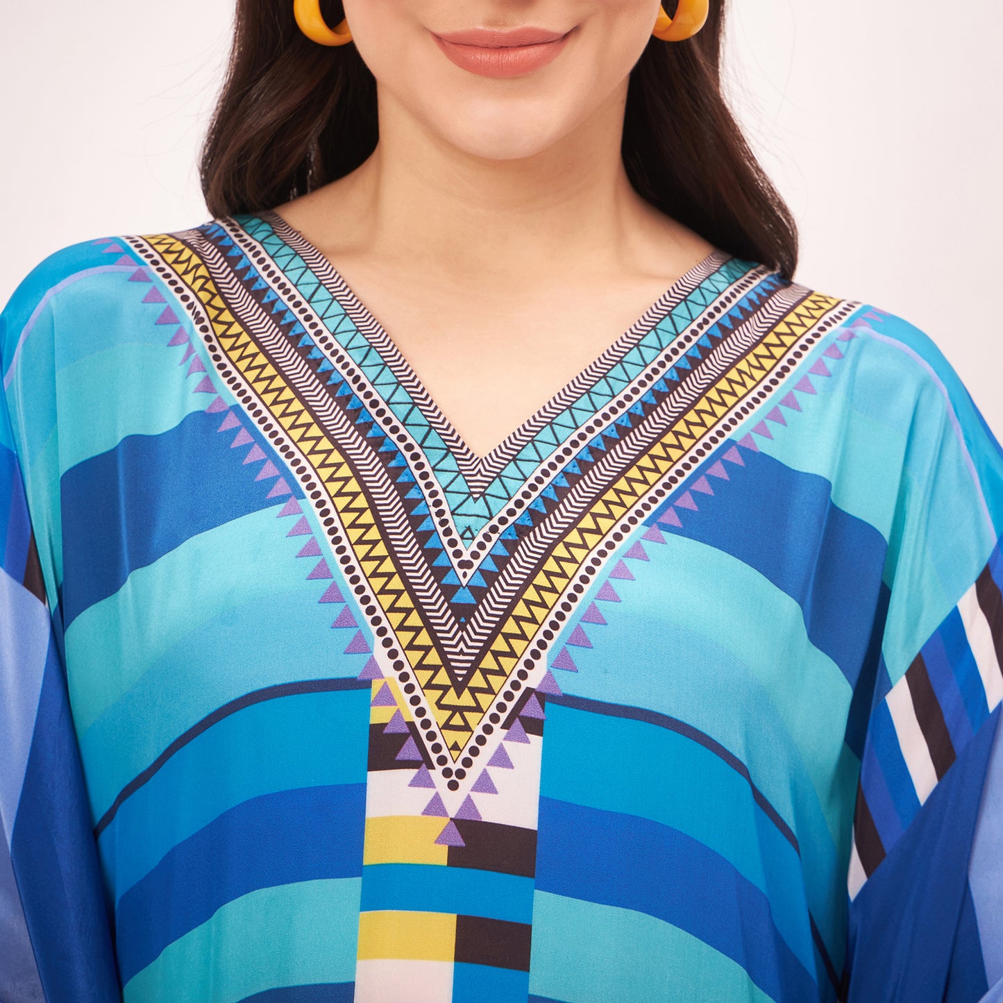 Blue Geometric Mid Length Kaftan with Lace