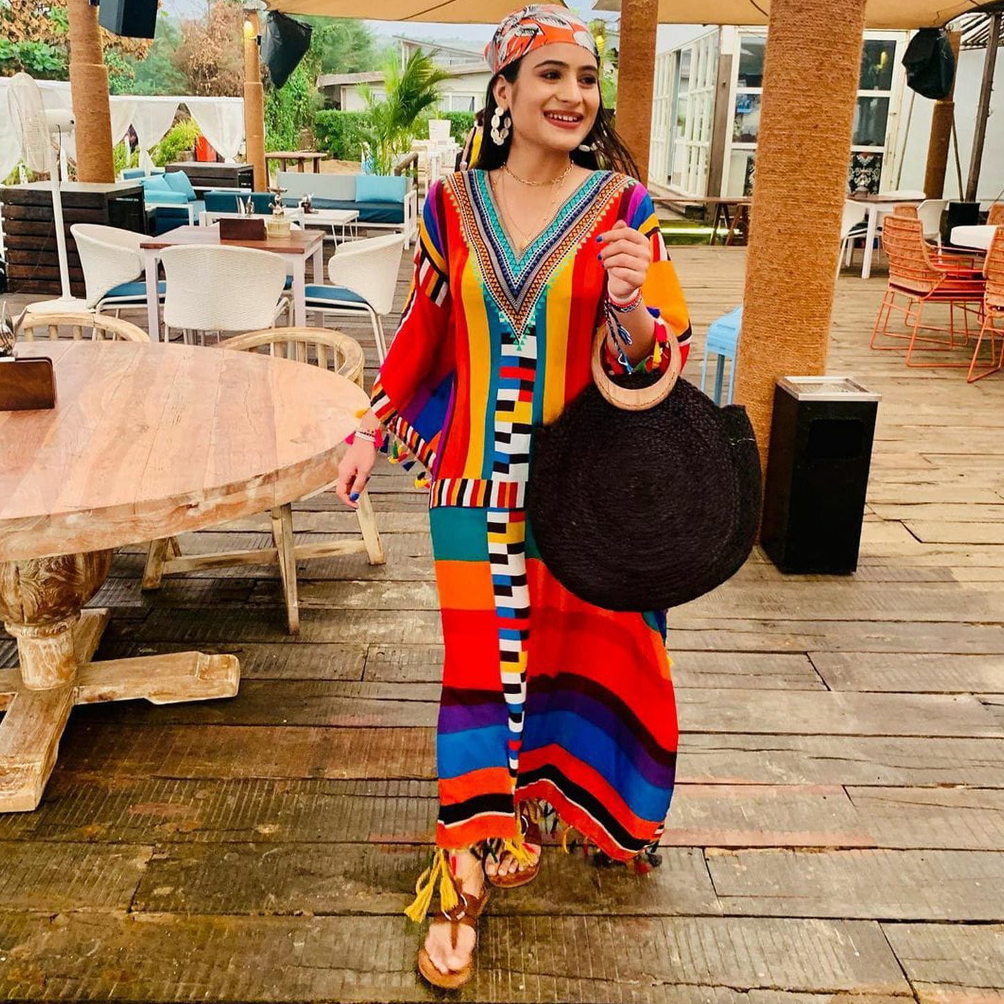 Multicoloured Geometric Mid Length Kaftan with Lace