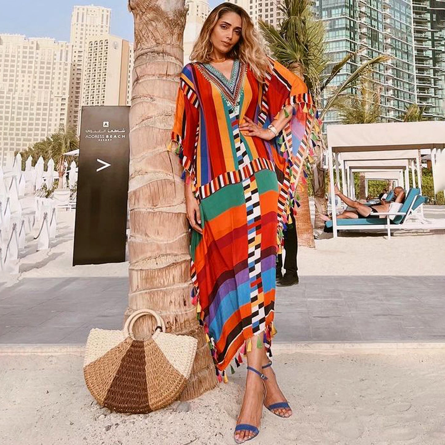 Multicoloured Geometric Mid Length Kaftan with Lace