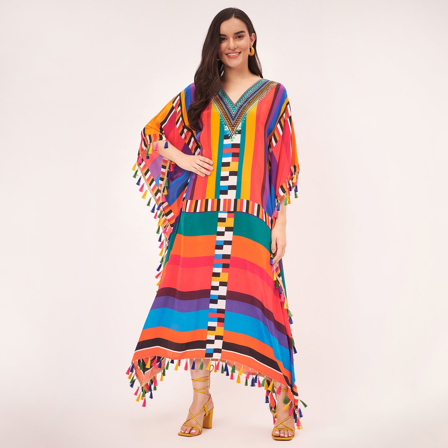 Multicoloured Geometric Mid Length Kaftan with Lace
