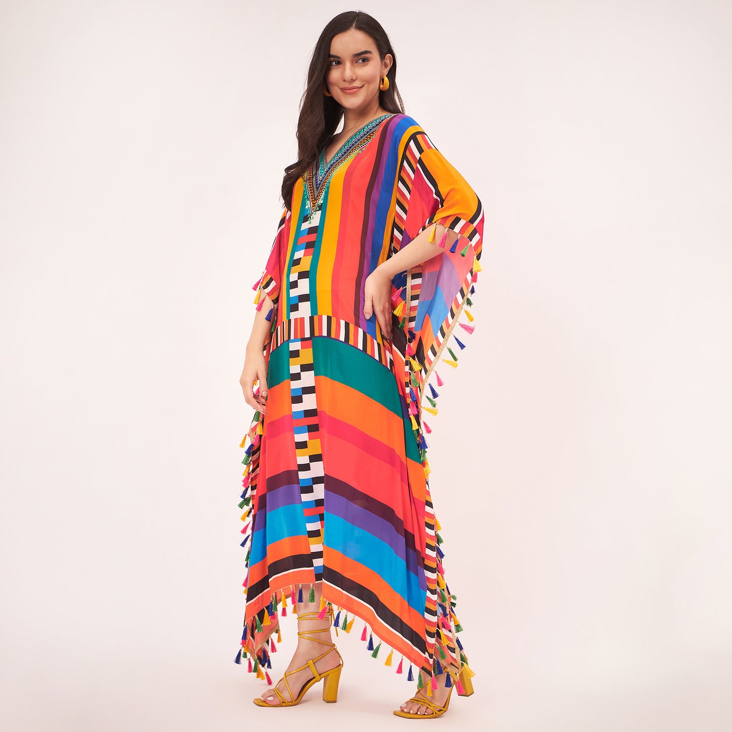 Multicoloured Geometric Mid Length Kaftan with Lace