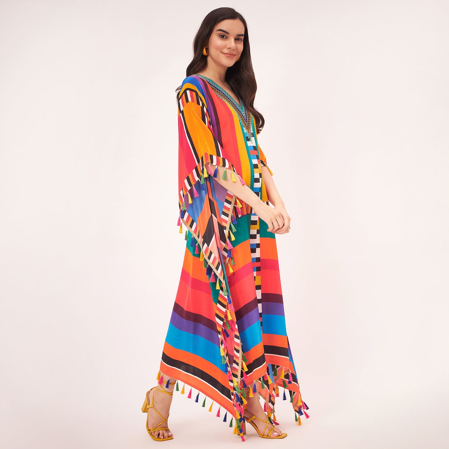 Multicoloured Geometric Mid Length Kaftan with Lace
