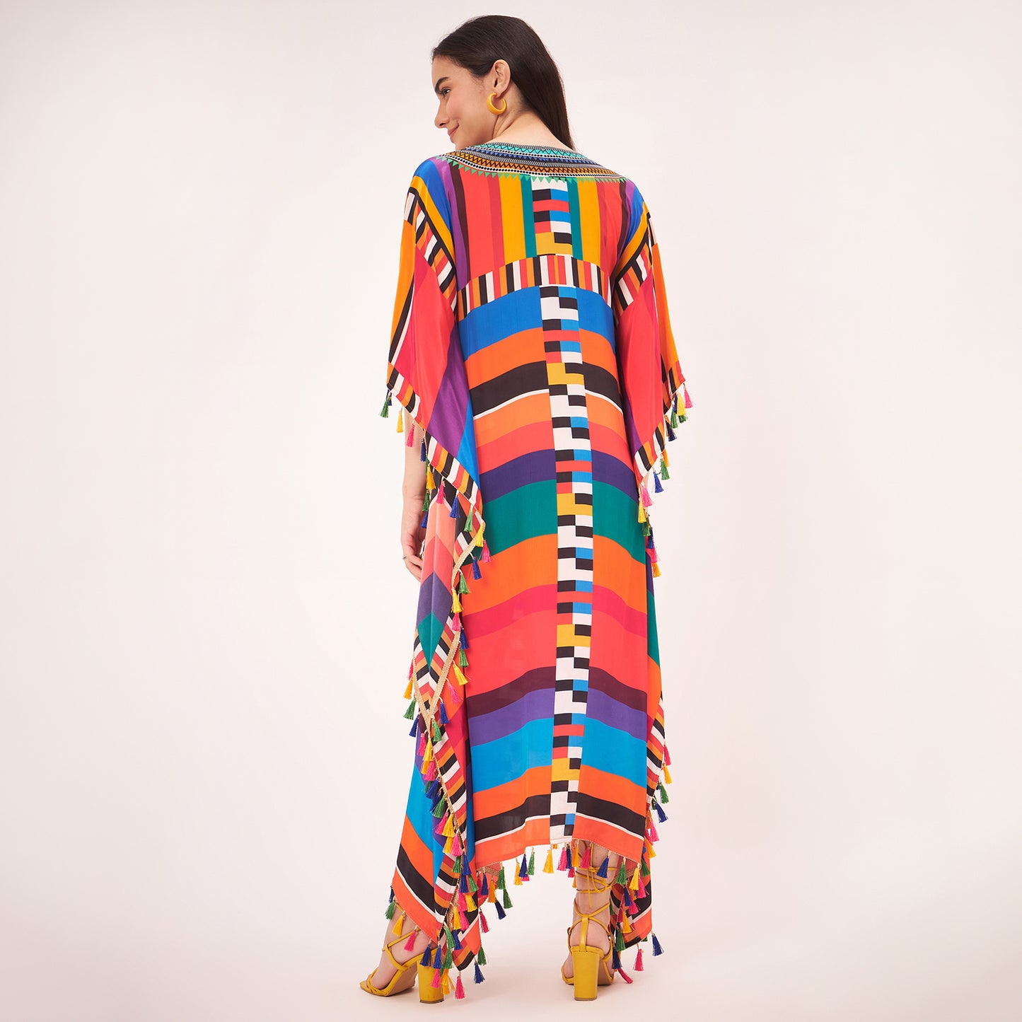 Multicoloured Geometric Mid Length Kaftan with Lace