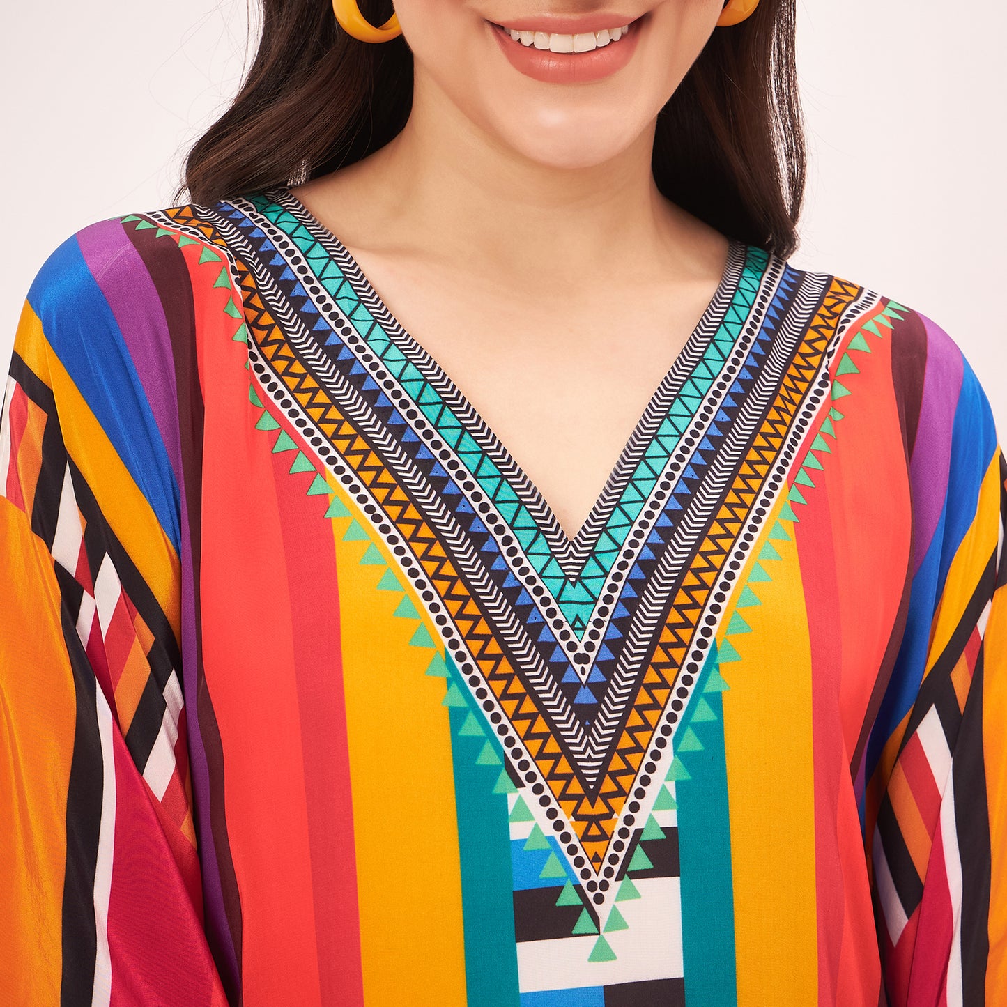 Multicoloured Geometric Mid Length Kaftan with Lace