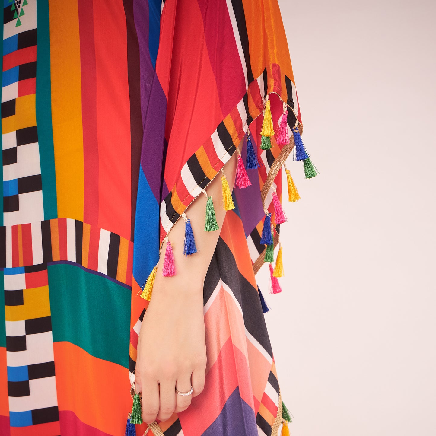 Multicoloured Geometric Mid Length Kaftan with Lace