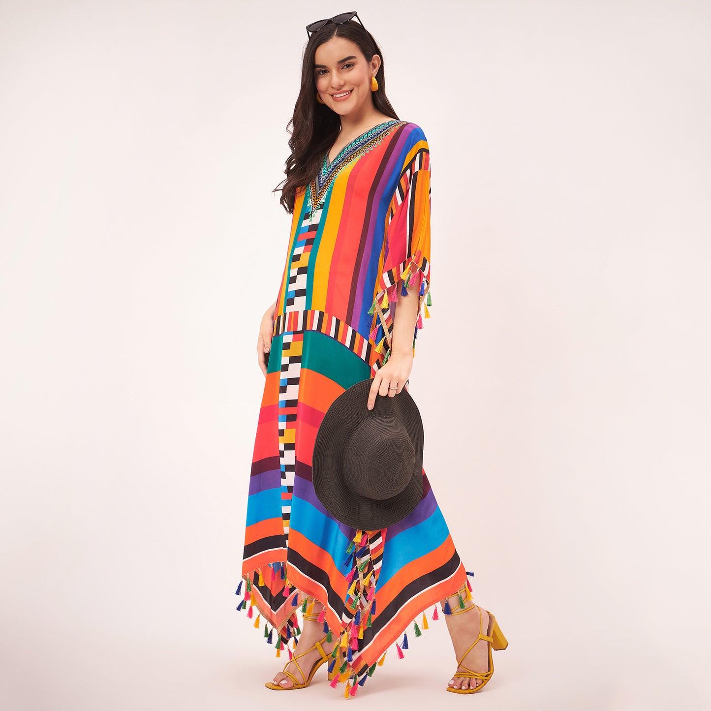 Multicoloured Geometric Mid Length Kaftan with Lace