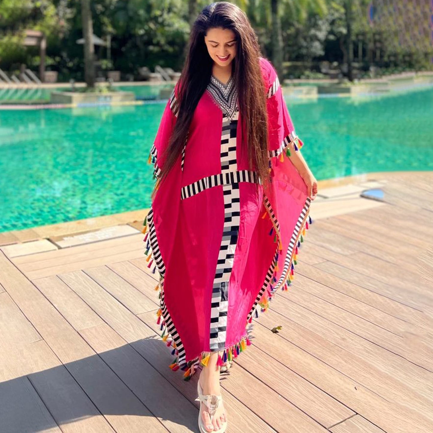 Pink Geometric Mid Length Kaftan with Lace