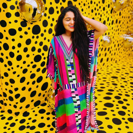 Purple and Green Geometric Mid Length Kaftan with Lace