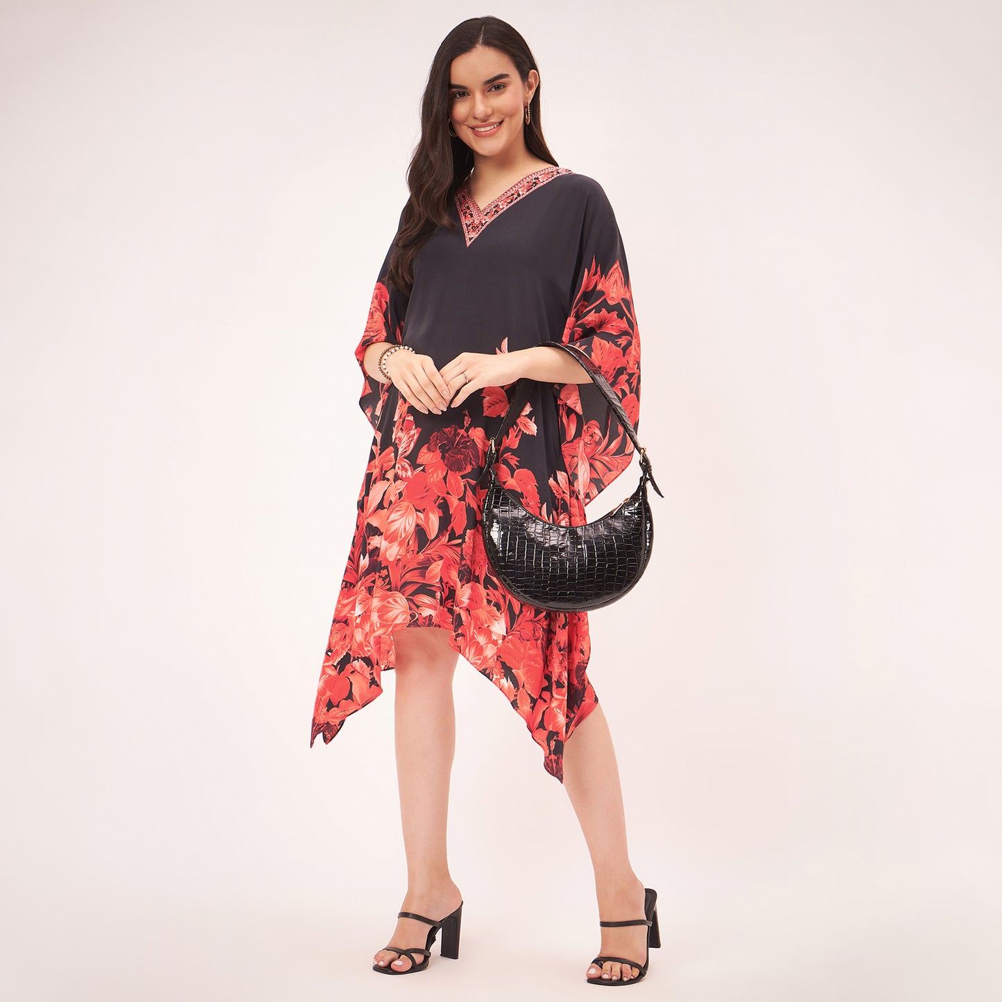 Black and Red Floral Print Silk Mid Length Kaftan