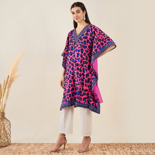 Pink and Blue Animal Print Silk Velvet Mid Length Kaftan