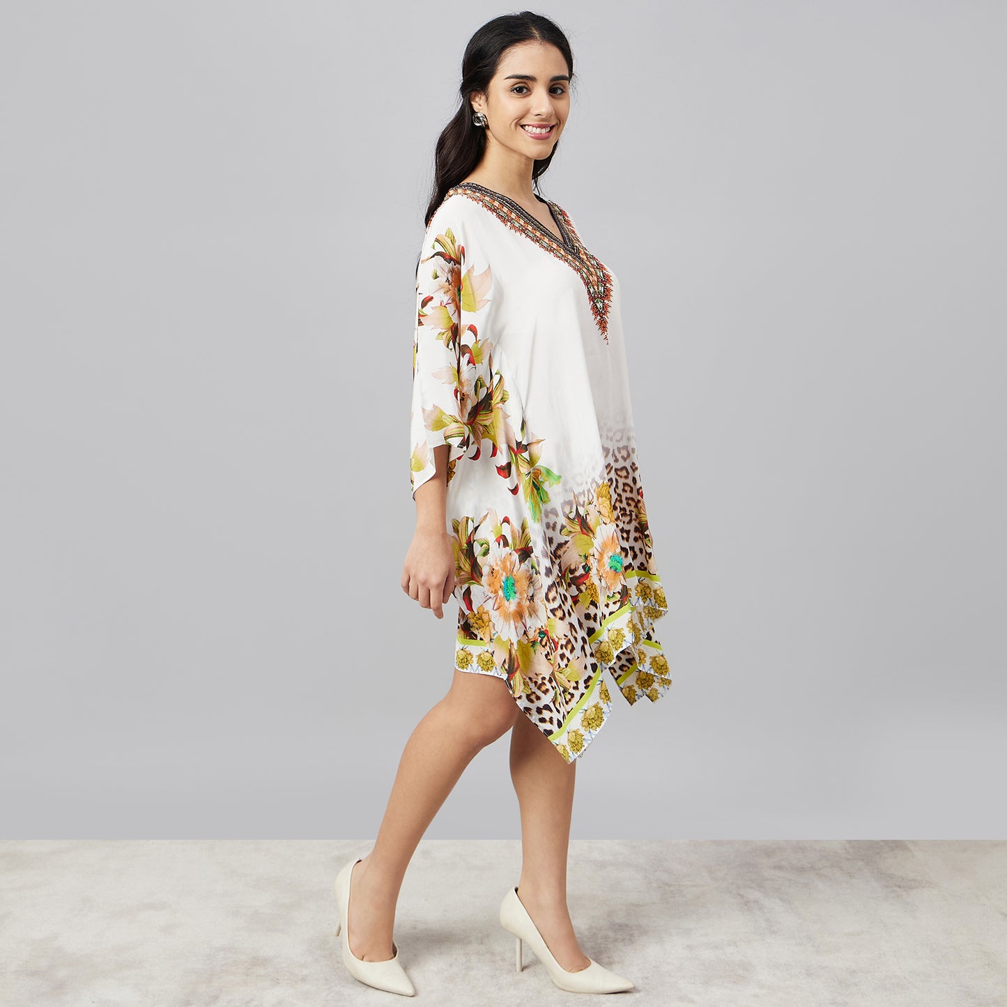 Yellow Floral Mid Length Kaftan