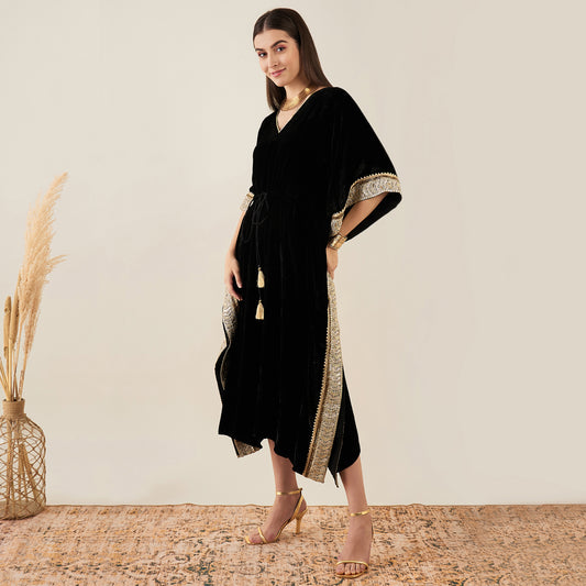 Black Silk Velvet Mid Length Kaftan with Gold Lace Detail