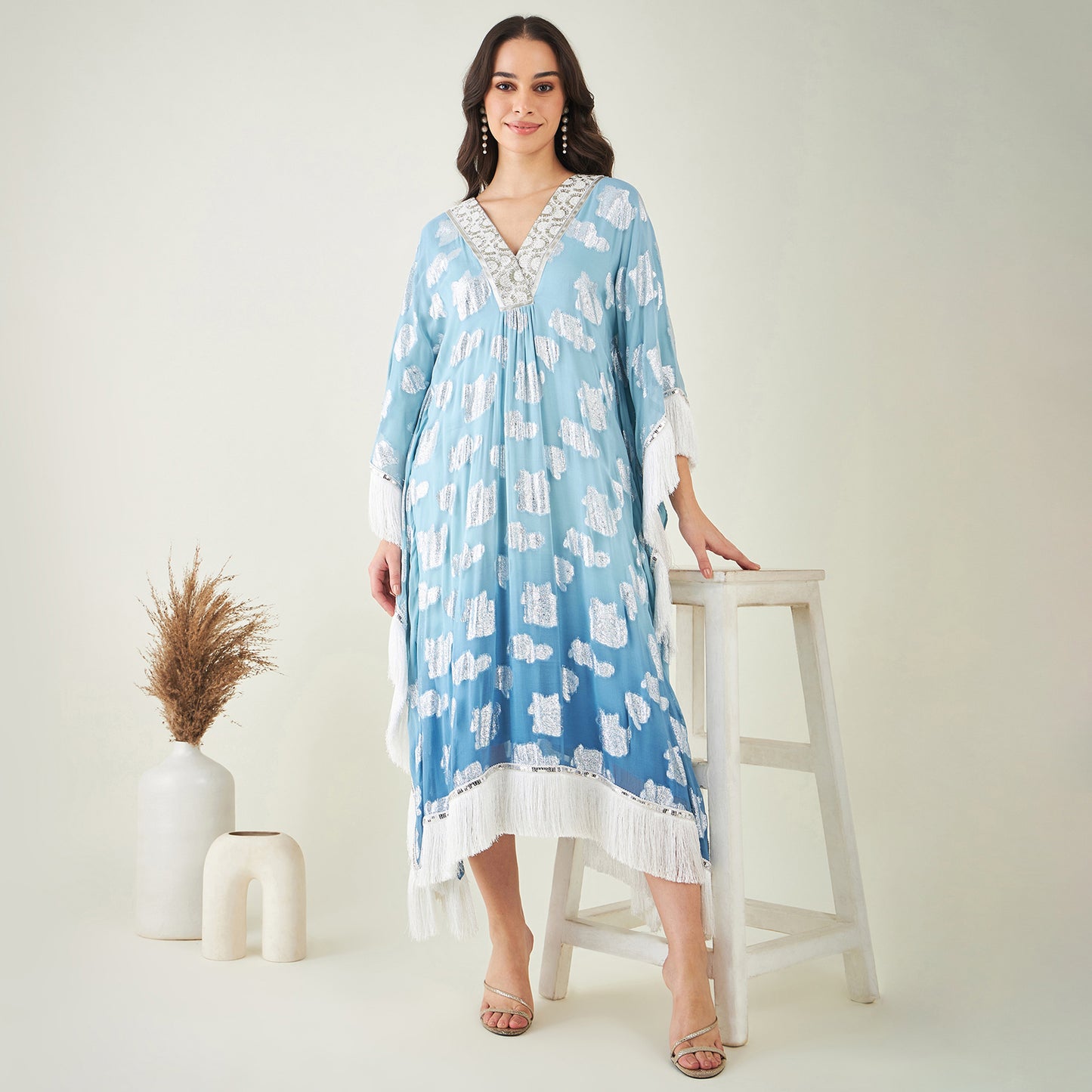 Blue Ombre Lurex Mid Length Kaftan with Fringe Detail