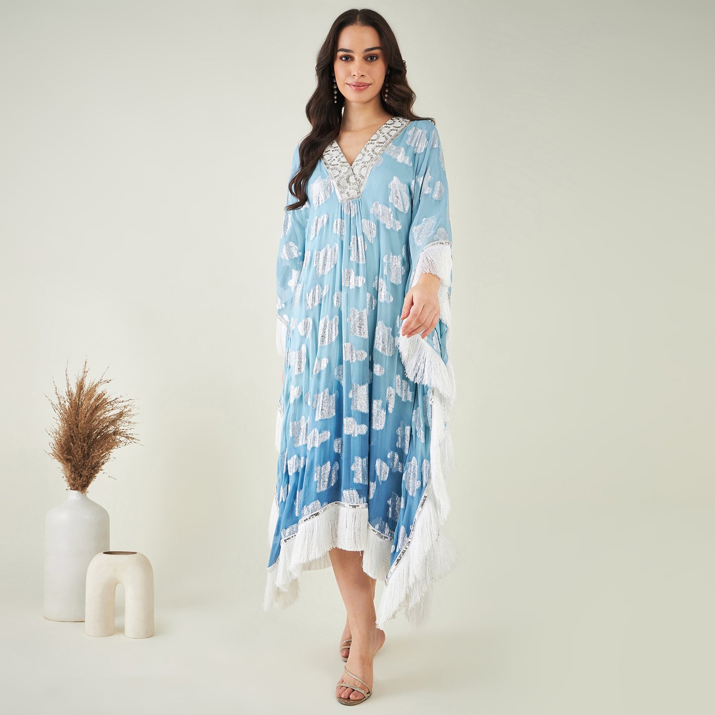 Blue Ombre Lurex Mid Length Kaftan with Fringe Detail