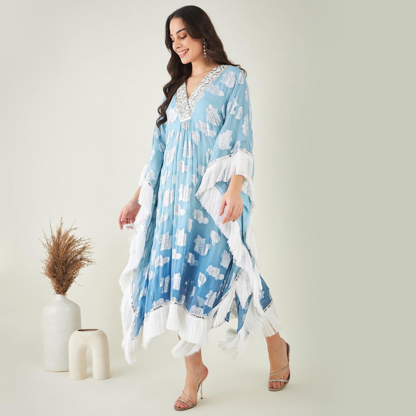 Blue Ombre Lurex Mid Length Kaftan with Fringe Detail