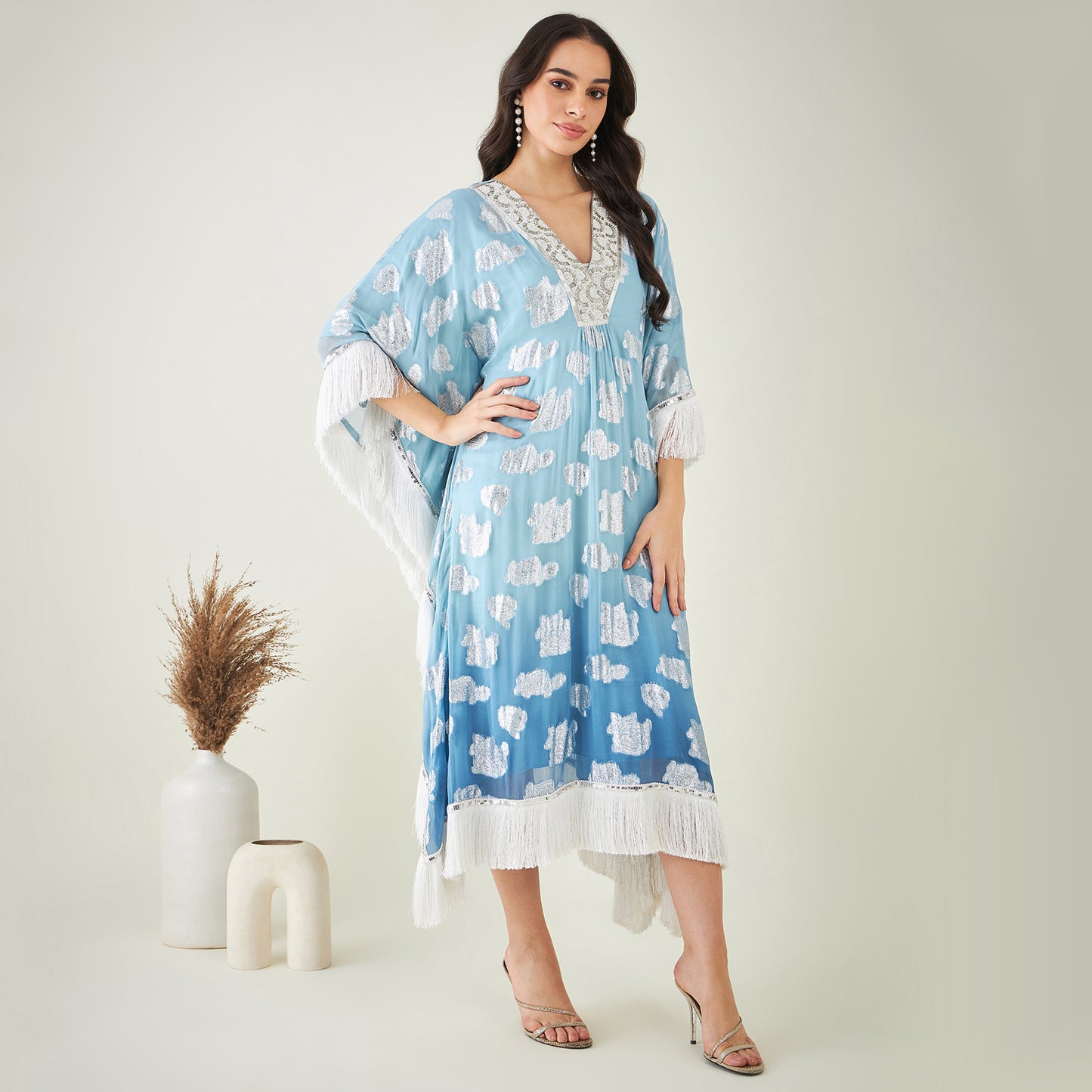 Blue Ombre Lurex Mid Length Kaftan with Fringe Detail