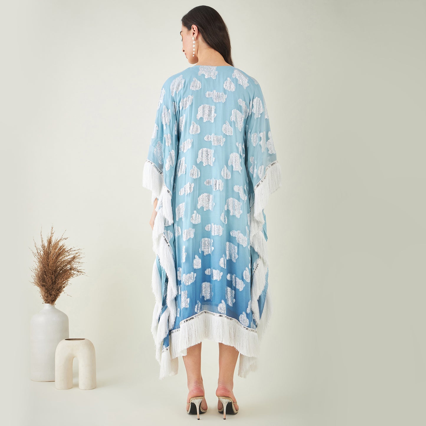 Blue Ombre Lurex Mid Length Kaftan with Fringe Detail