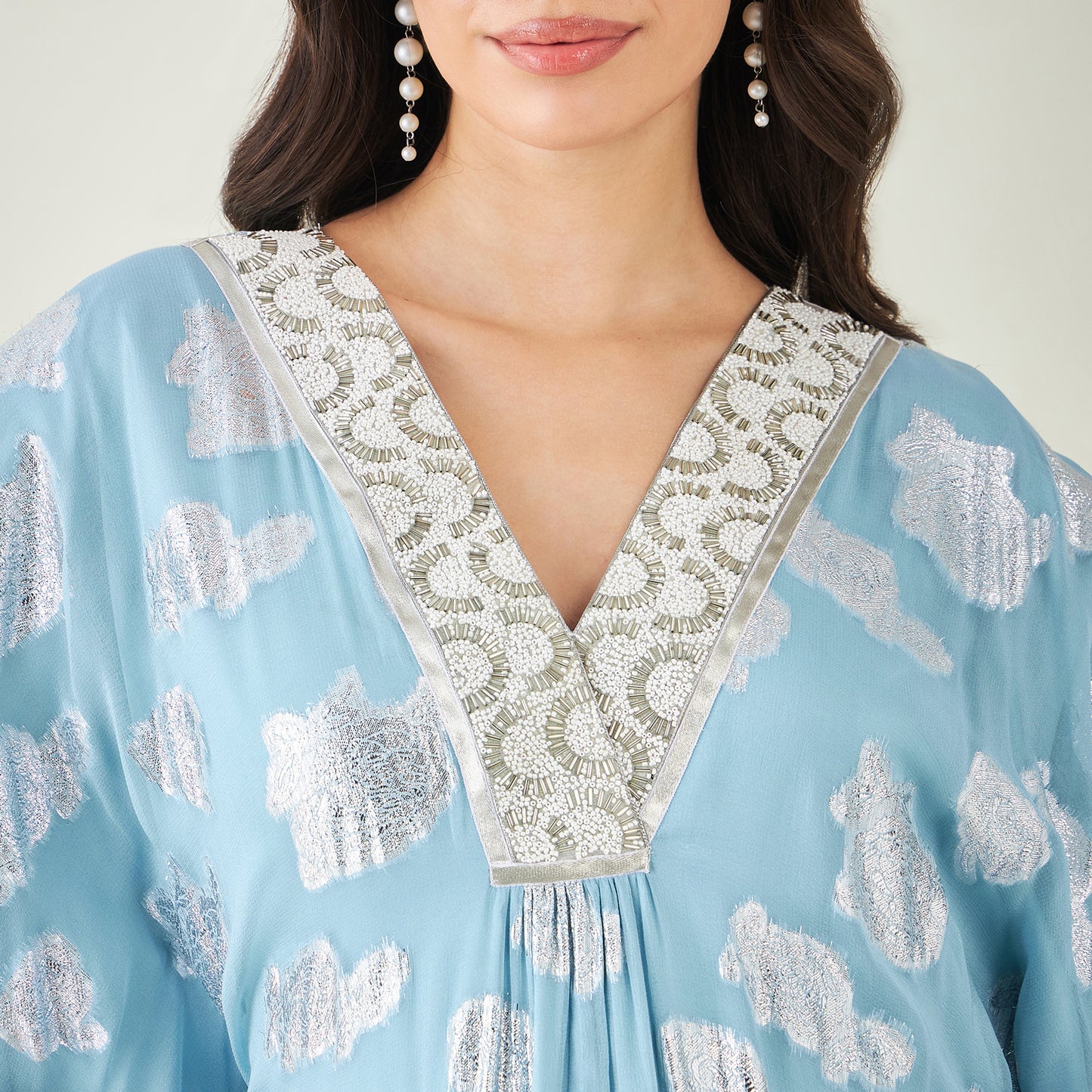 Blue Ombre Lurex Mid Length Kaftan with Fringe Detail