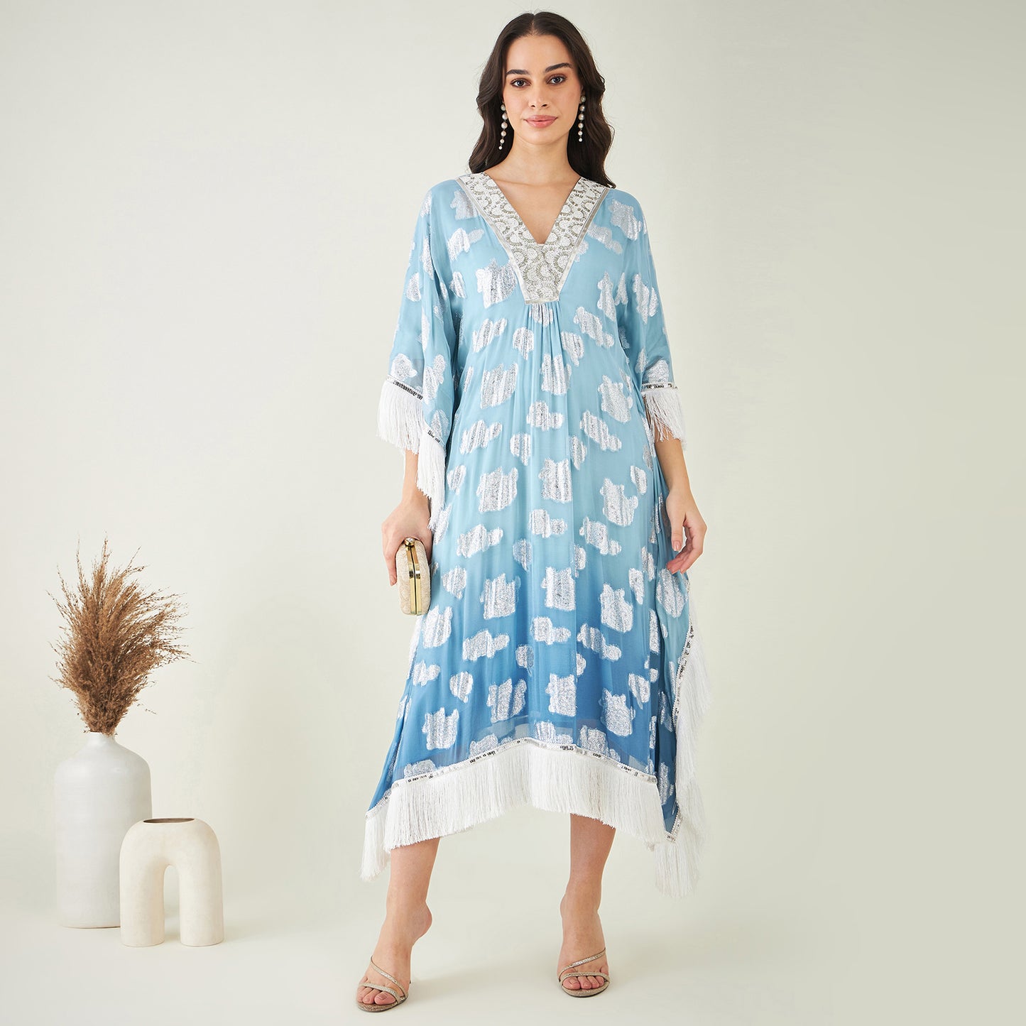 Blue Ombre Lurex Mid Length Kaftan with Fringe Detail