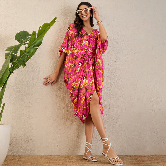 Fuchsia and Bronze Floral Mid Length Kaftan