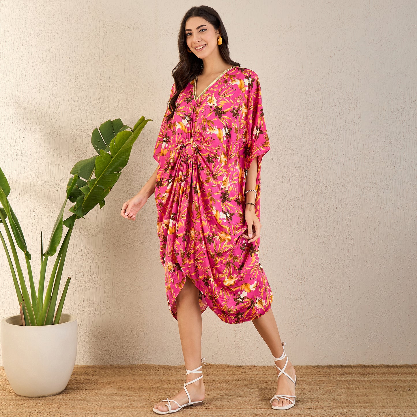 Fuchsia and Bronze Floral Mid Length Kaftan