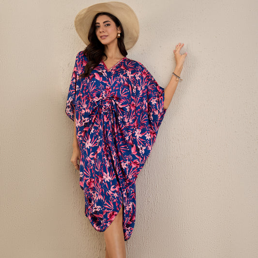 Midnight Blue and Scarlet Floral Mid Length Kaftan