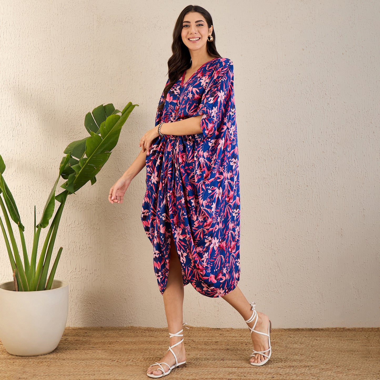 Midnight Blue and Scarlet Floral Mid Length Kaftan