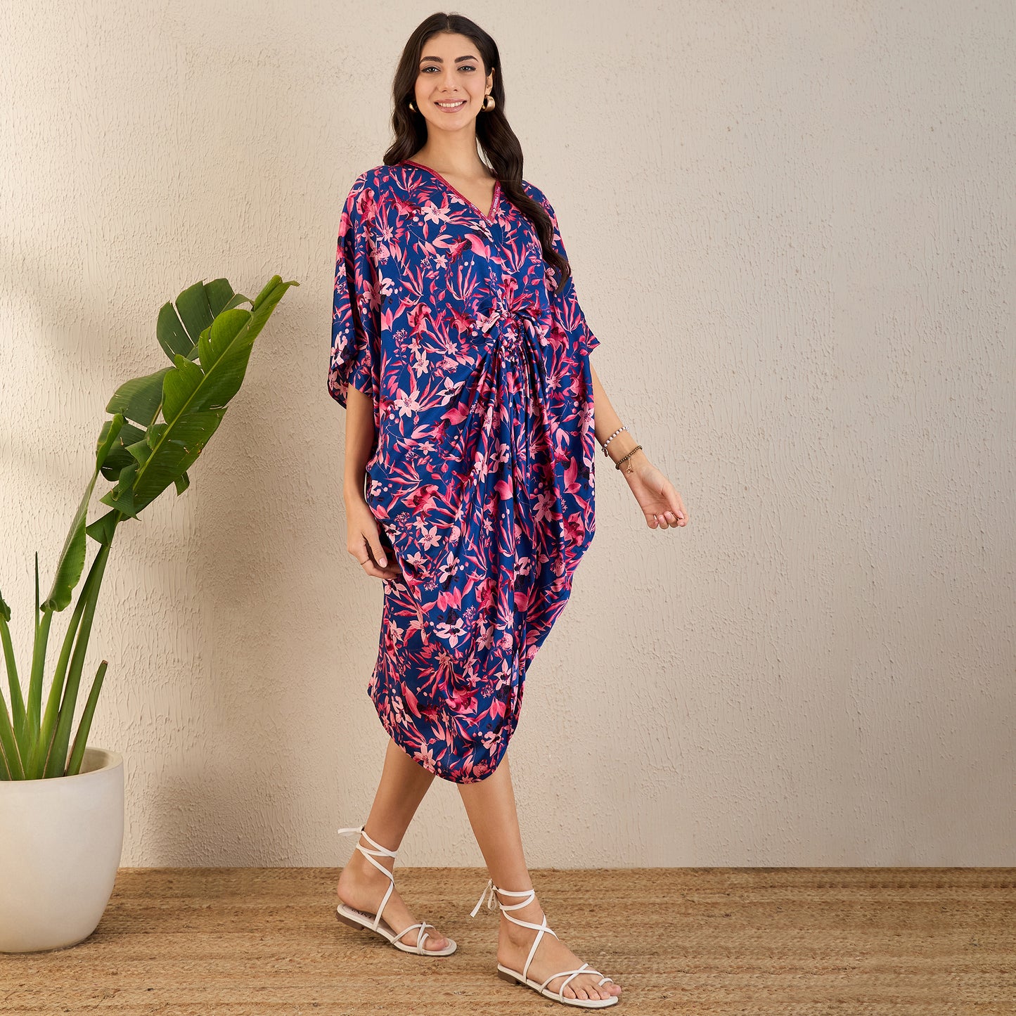 Midnight Blue and Scarlet Floral Mid Length Kaftan