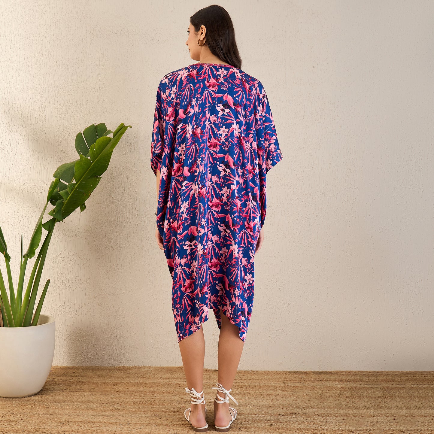 Midnight Blue and Scarlet Floral Mid Length Kaftan