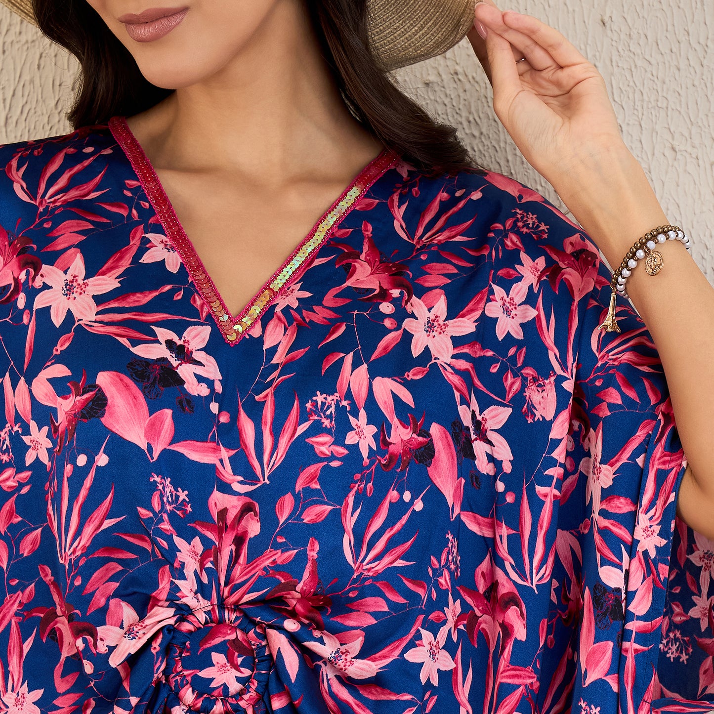 Midnight Blue and Scarlet Floral Mid Length Kaftan