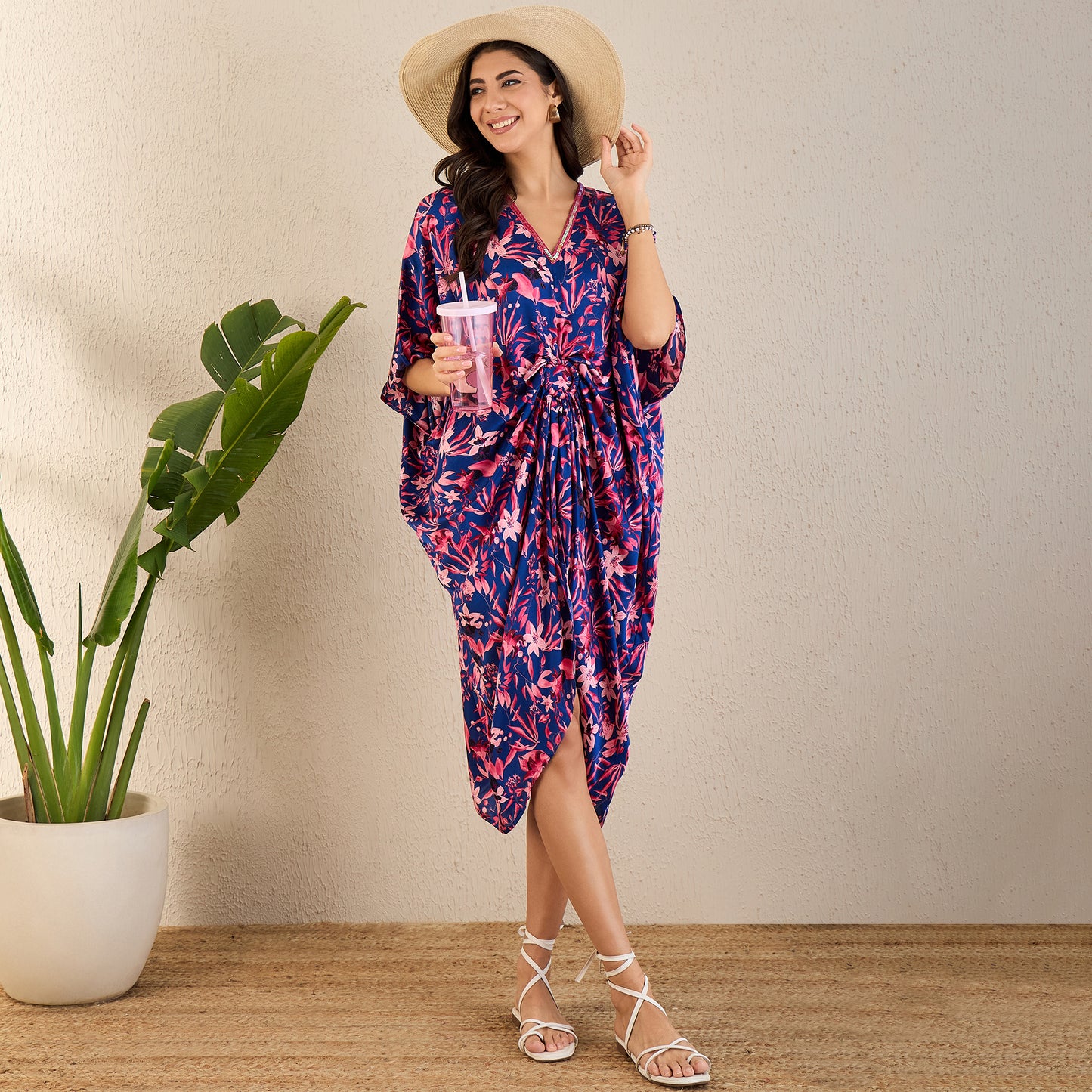 Midnight Blue and Scarlet Floral Mid Length Kaftan