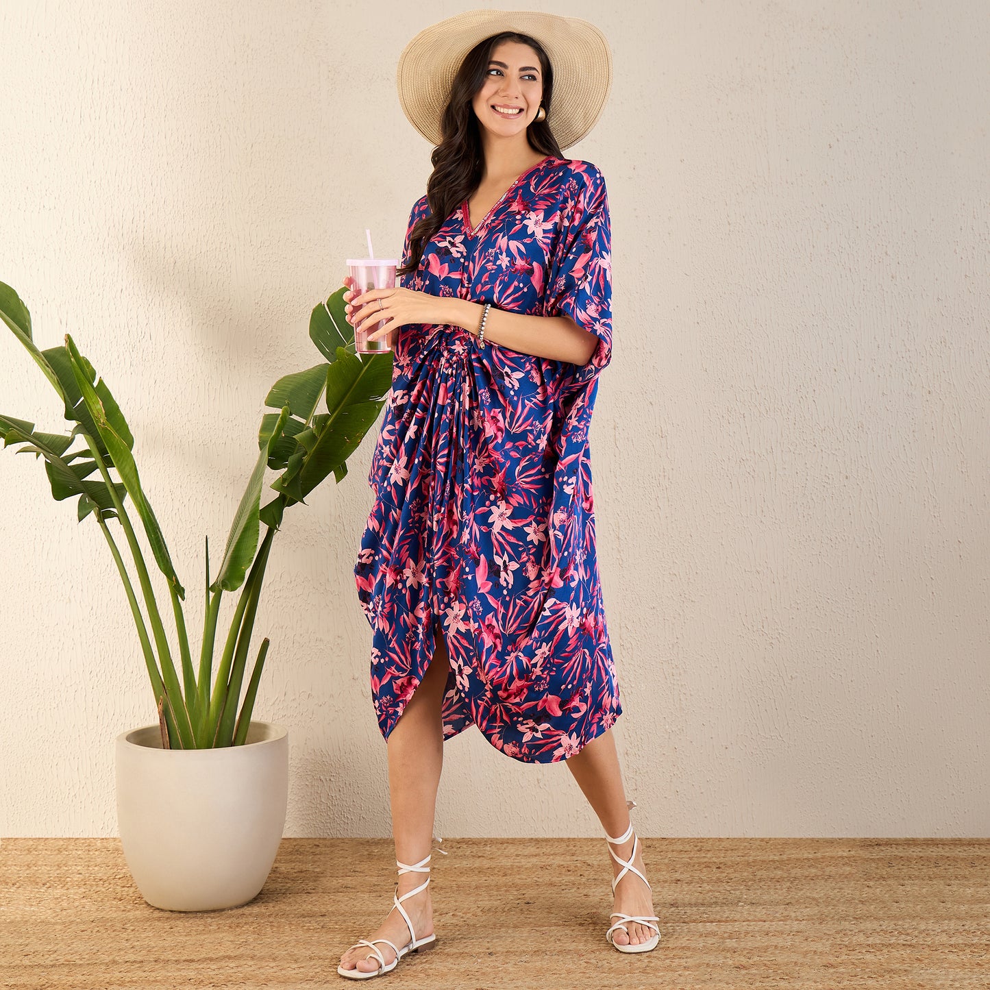 Midnight Blue and Scarlet Floral Mid Length Kaftan
