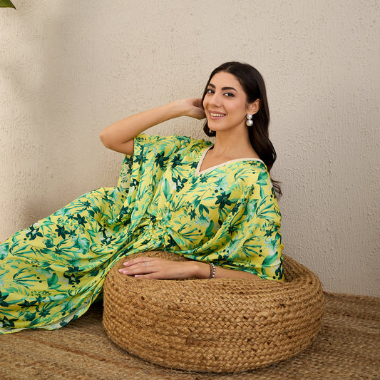 Yellow and Lime Green Floral Mid Length Kaftan