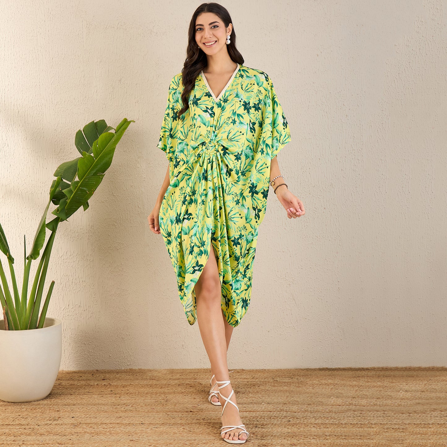 Yellow and Lime Green Floral Mid Length Kaftan