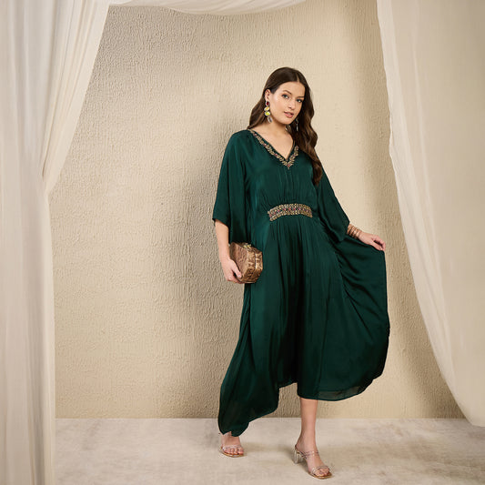 Bottle Green Hand Embroidered Mid Length Kaftan