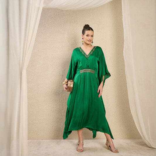 Bright Green Hand Embroidered Mid Length Kaftan