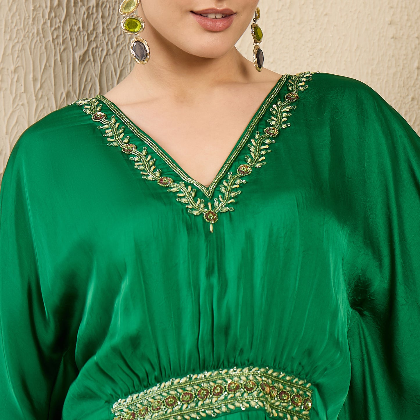 Bright Green Hand Embroidered Mid Length Kaftan