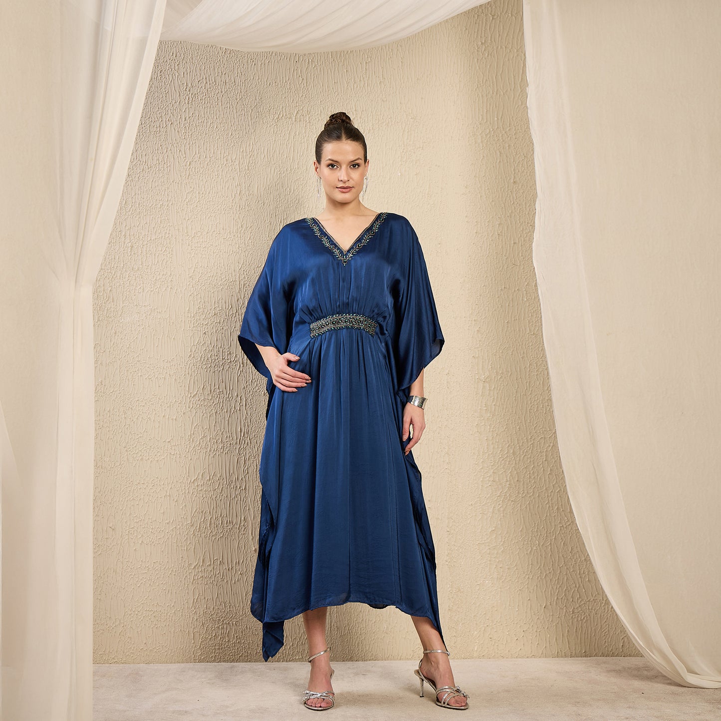 Navy Blue Hand Embroidered Mid Length Kaftan