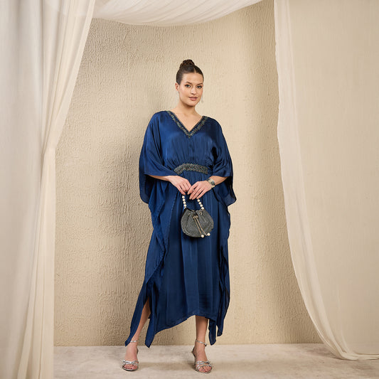 Navy Blue Hand Embroidered Mid Length Kaftan