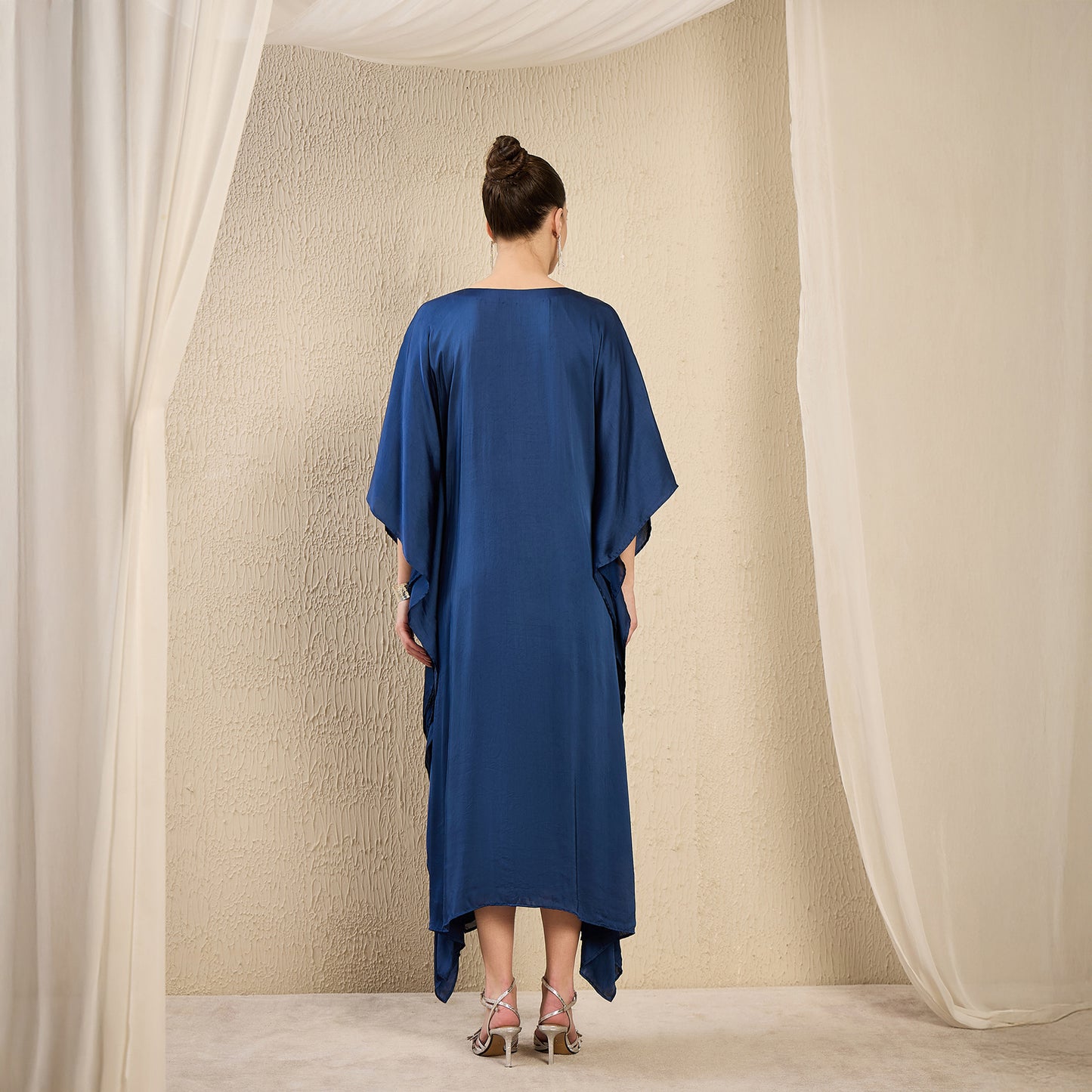 Navy Blue Hand Embroidered Mid Length Kaftan