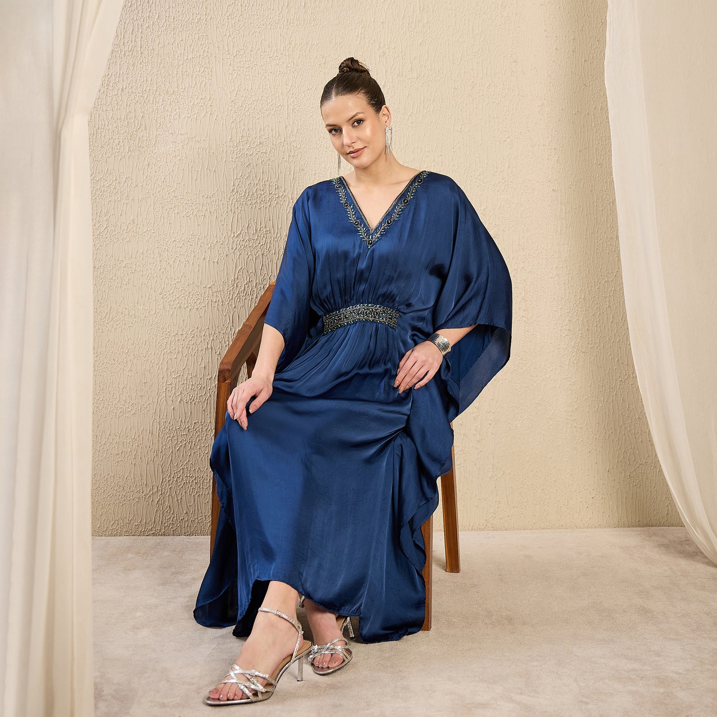 Navy Blue Hand Embroidered Mid Length Kaftan