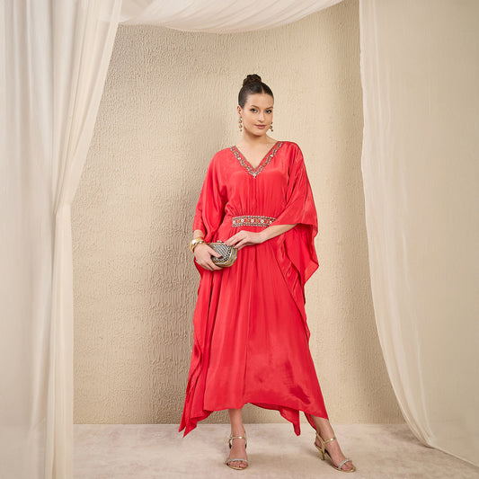 Red Hand Embroidered Mid Length Kaftan