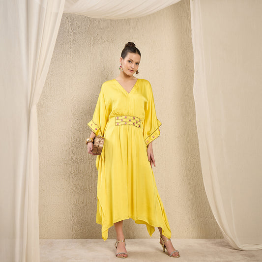 Yellow Hand Embroidered Mid Length Kaftan