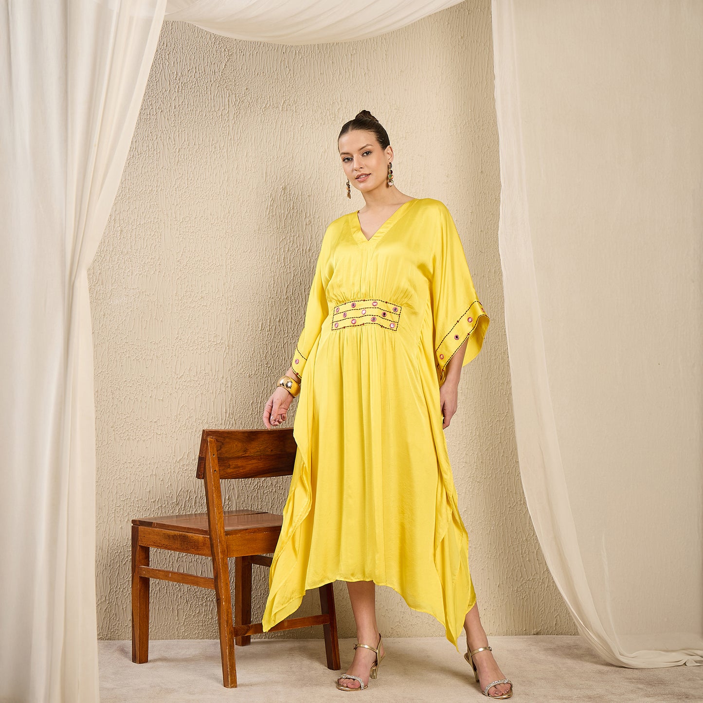 Yellow Hand Embroidered Mid Length Kaftan