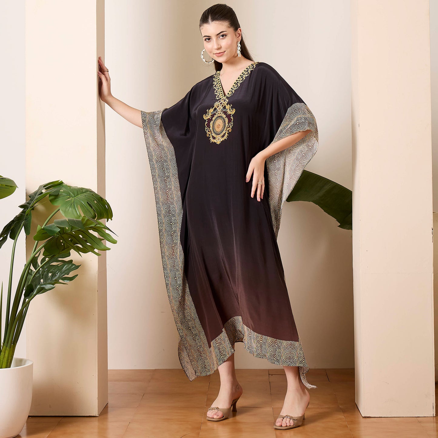 Black and Brown Baroque Print Mid Length Kaftan