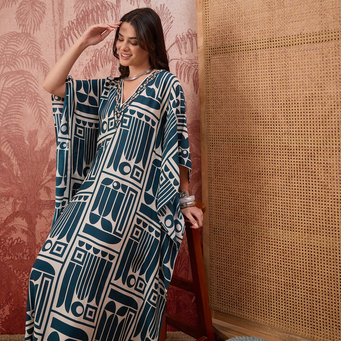 Beige and Blue Abstract Printed Mid Length Kaftan