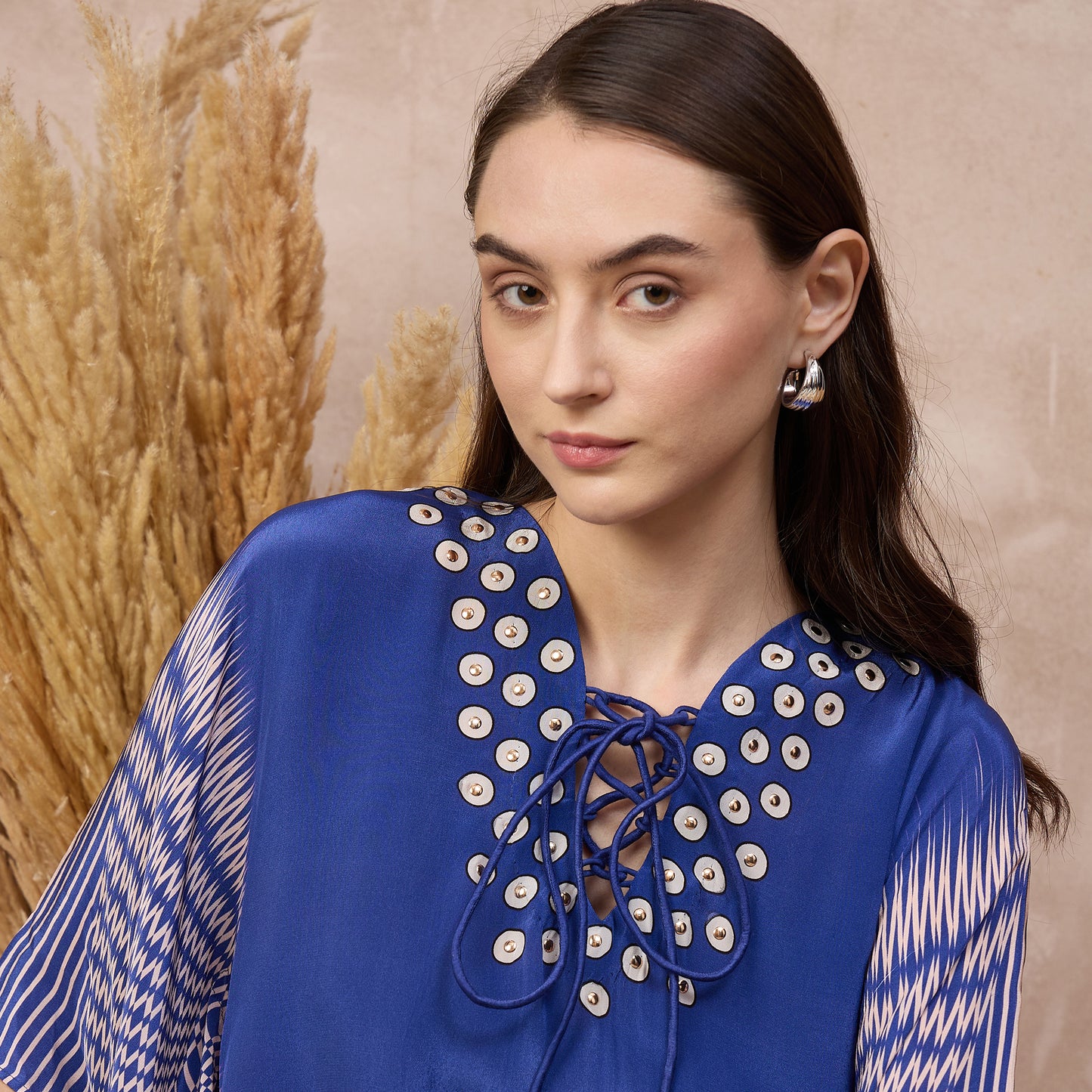Blue Abstract Print Kaftan for Women – Viscose Crepe – Close Up | First Resort by Ramola Bachchan